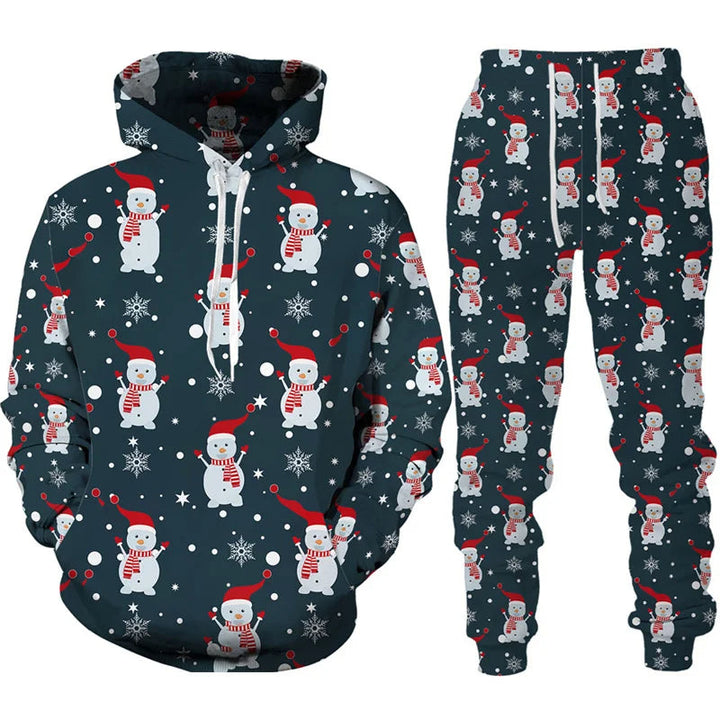 Heren loungeset: zachte kerstbroek en trui met vrolijke winterprint voor de feestdagen.