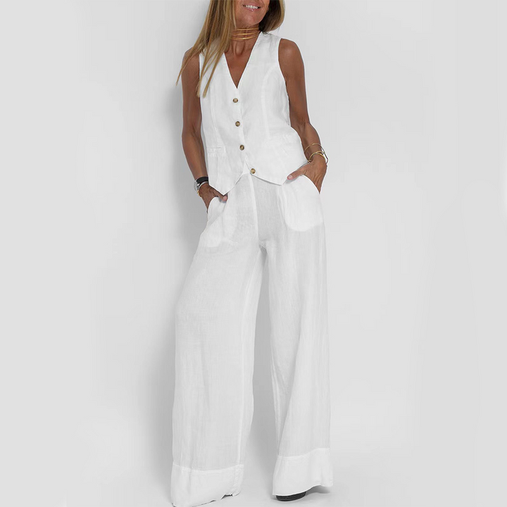 Comfortabel mouwloos linnen damespak met lange broek, perfecte ademende zomerkleding.