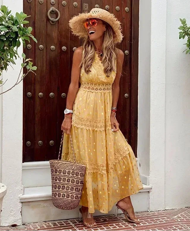 Mouwloze elegante dames maxi jurk met kanten top, hoge taille en v-hals, ideaal als strand- of avondjurk.