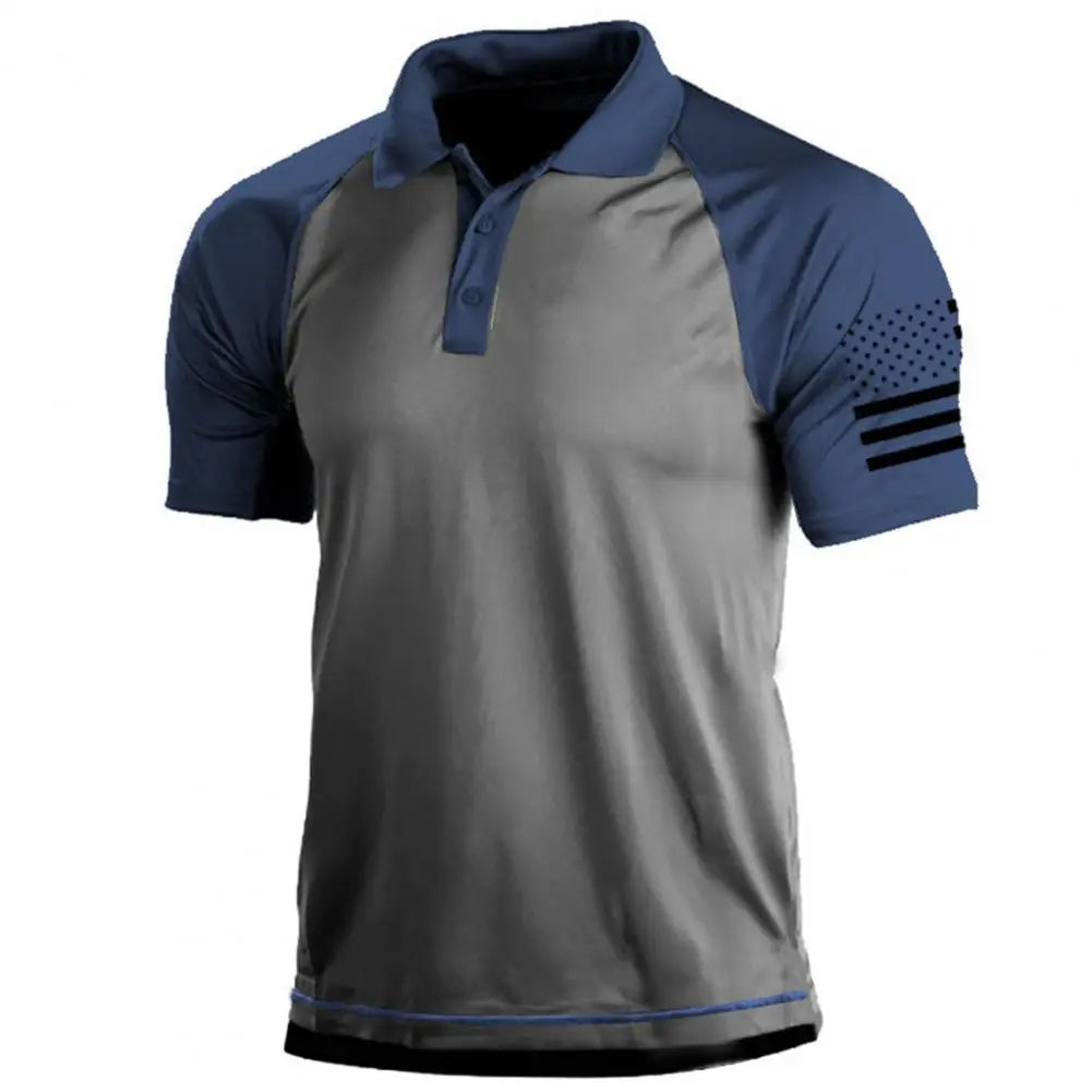Sportief heren kraag T-shirt van Hoymans met ademend stof en modern vlaggen patchwork. Comfortabele herenkleding.