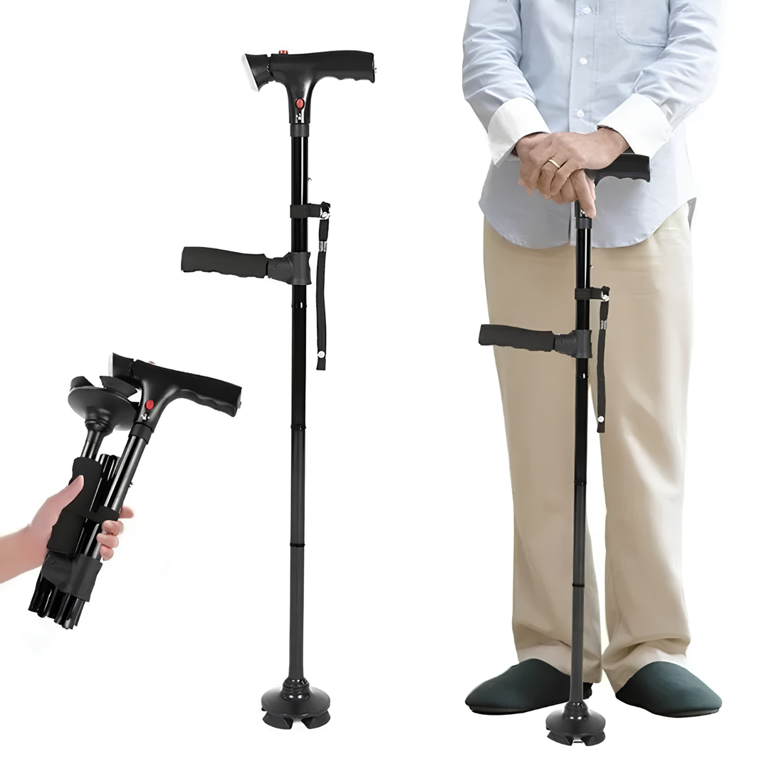Opvouwbare wandelstok met dubbele handgrepen, geïntegreerd LED licht en veiligheidsalarm voor senioren en revalidatie.