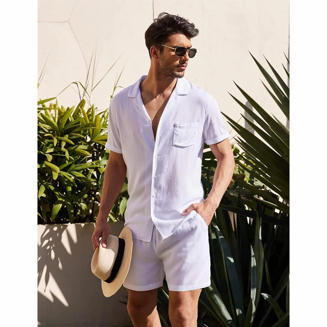 Linnen heren zomerset Jairo met ademend shirt en comfortabele broek, ideaal voor casual zomerkleding en vakantie.
