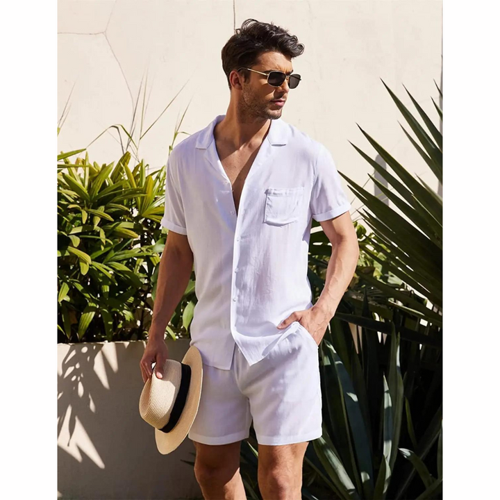 Linnen heren zomerset Jairo met ademend shirt en comfortabele broek, ideaal voor casual zomerkleding en vakantie.