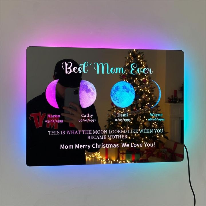 Cadeau voor moeder: gepersonaliseerde acryl maanfase LED spiegel met eigen datum. Stijlvolle wanddecoratie.