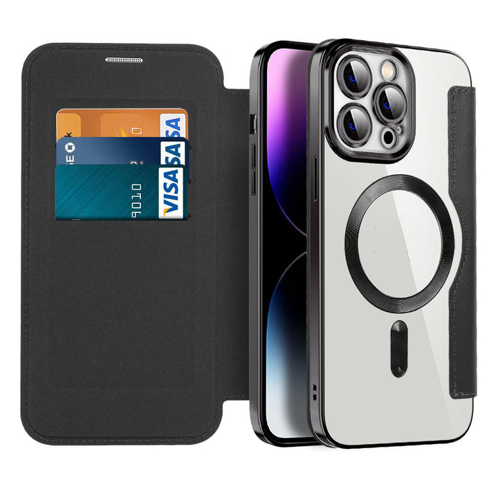 Duurzame lederen flipcase voor iPhone met ingebouwde RFID-blokkering en optimale schokbestendigheid.