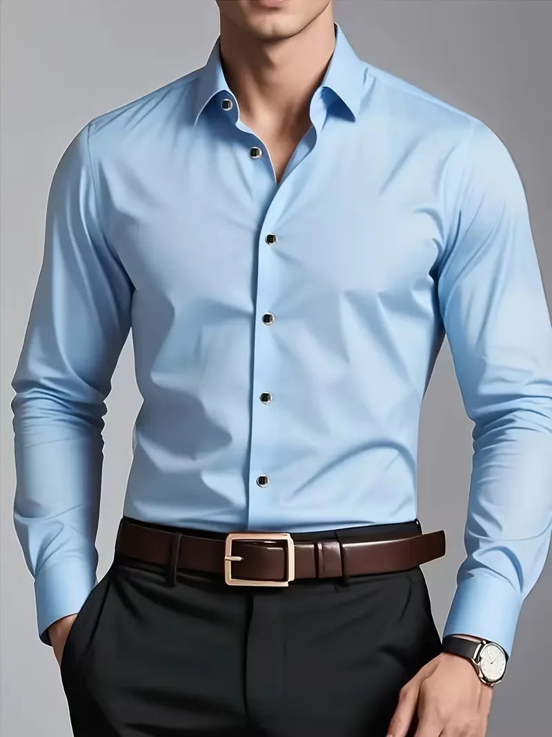 Elegant heren slimfit overhemd met mandarijnkraag, perfect voor formele en zakelijke settings.