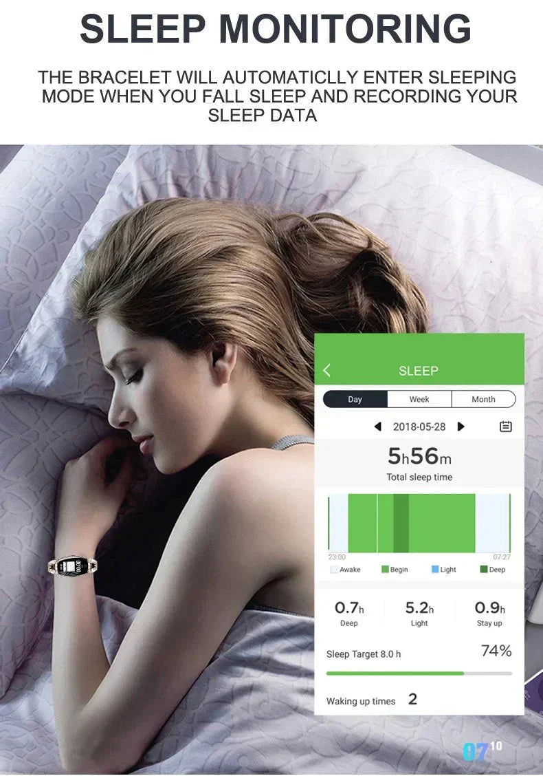 Dames FitStyle waterdichte fitness armband, monitort hartslag, slaap en activiteit voor een betere gezondheid.