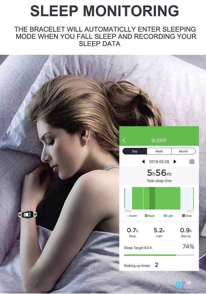 Dames FitStyle waterdichte fitness armband, monitort hartslag, slaap en activiteit voor een betere gezondheid.