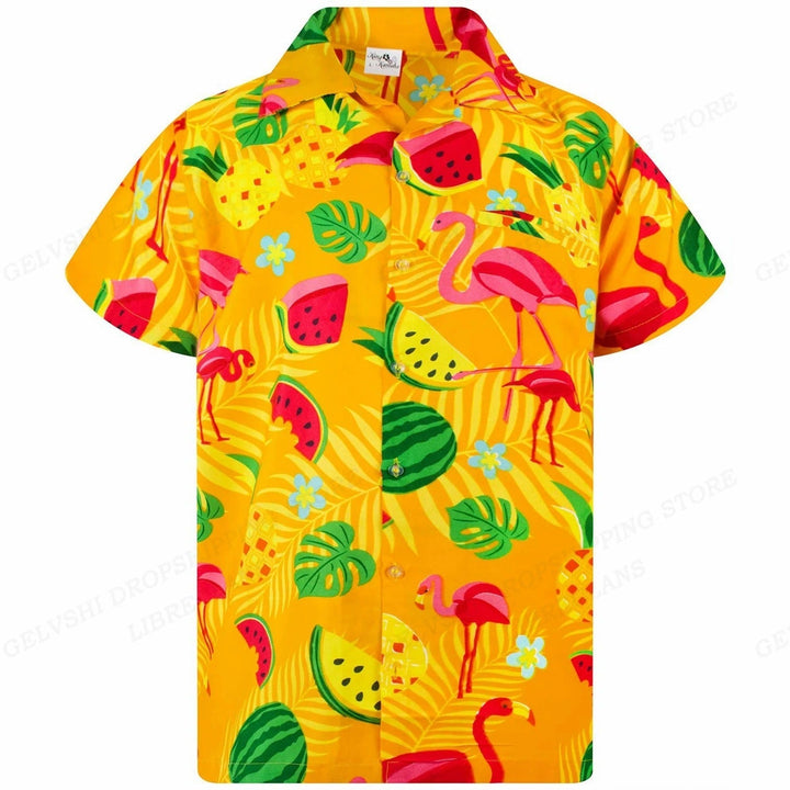Herenoverhemd Nico met 3D flamingo's en Hawai thema. Kortemouw, kleurrijk en perfecte strandkleding zomer.