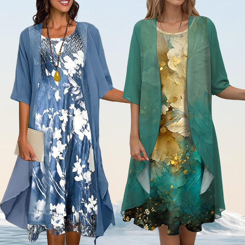 Veelzijdige dames midi jurk met vest, transformeert gemakkelijk van zakelijk naar feestelijke avondkleding.