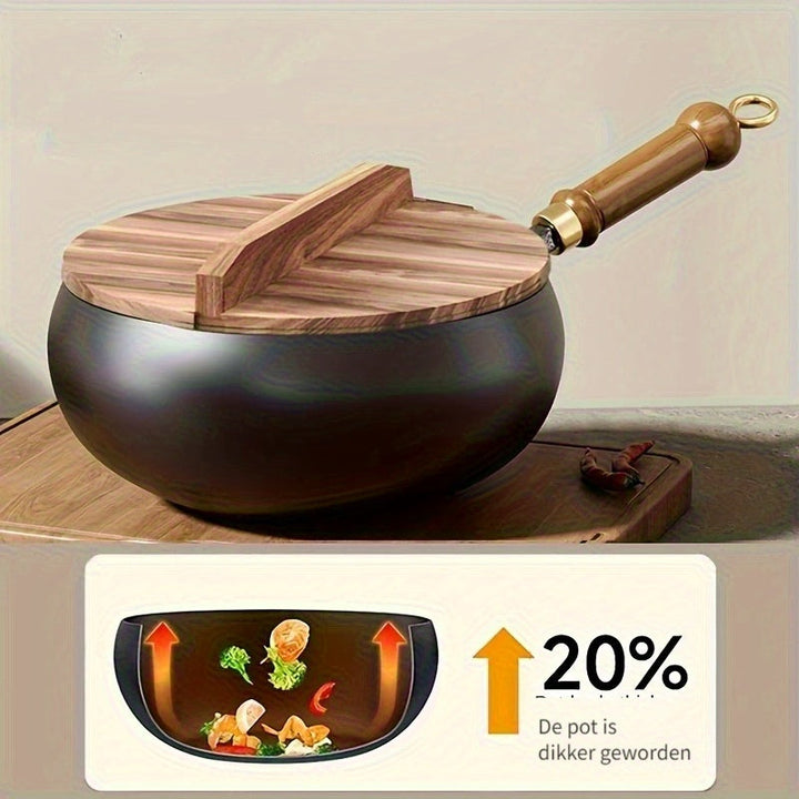 Grote ChefMaster gietijzeren braadpan met stevig deksel, voor optimaal koken en braden.