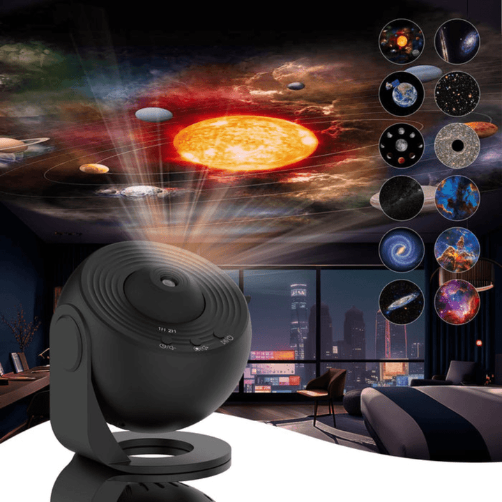 Gebruiksvriendelijke sterrenhemelprojector gadget met instelbare galaxie-schijven en timerfunctie voor gemak.