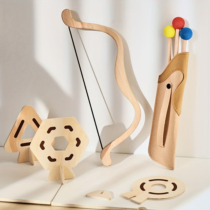 Kind concentreert zich bij het richten met de educatieve houten boog en pijlset. Ontwikkelt focus en motoriek.