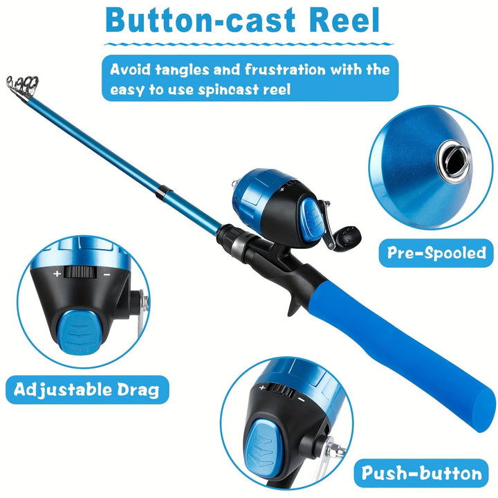 Draagbare telescopische vishengel en spoelset voor beginners, inclusief handige draagtas en aasdoos.