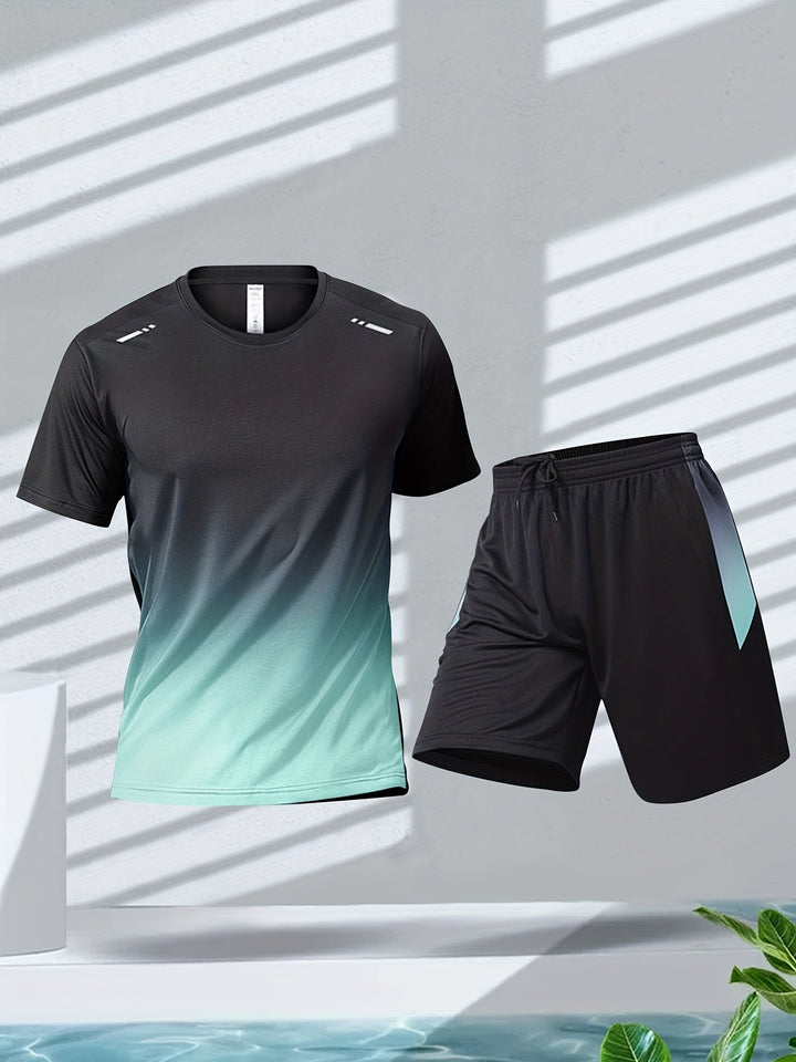 Detailfoto van de heren ademende sportshorts en T-shirt, ontworpen voor optimale bewegingsvrijheid tijdens het sporten.