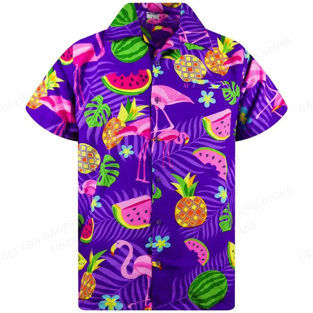 Veelzijdig herenoverhemd: Nico 3D Flamingo Hawai print. Casual, kleurrijk, ideaal voor zomer, strand en vakantie.