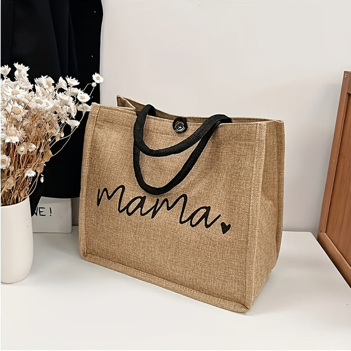 Stijlvolle dames jute shopper met 'Mama' print. Ideaal als praktische schoudertas of moederdag cadeau.