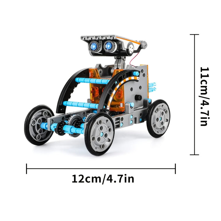 Actie van een bewegende solar robot. De 12-in-1 bouwset stimuleert techniek en fantasie bij kinderen.