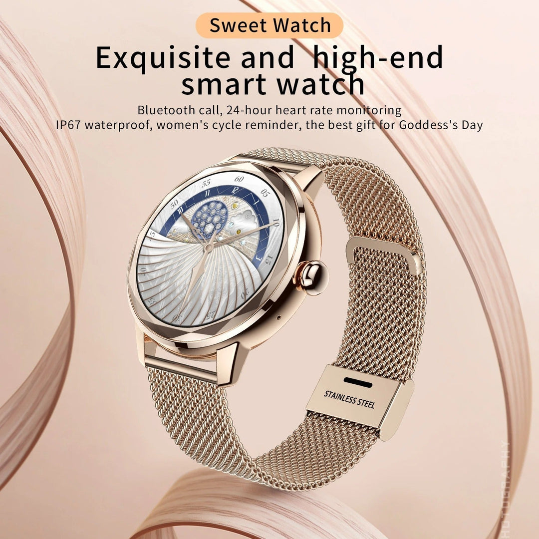 Gouden dames smartwatch Smart Gold om pols, ideaal voor dagelijks gebruik en een stijlvolle look.