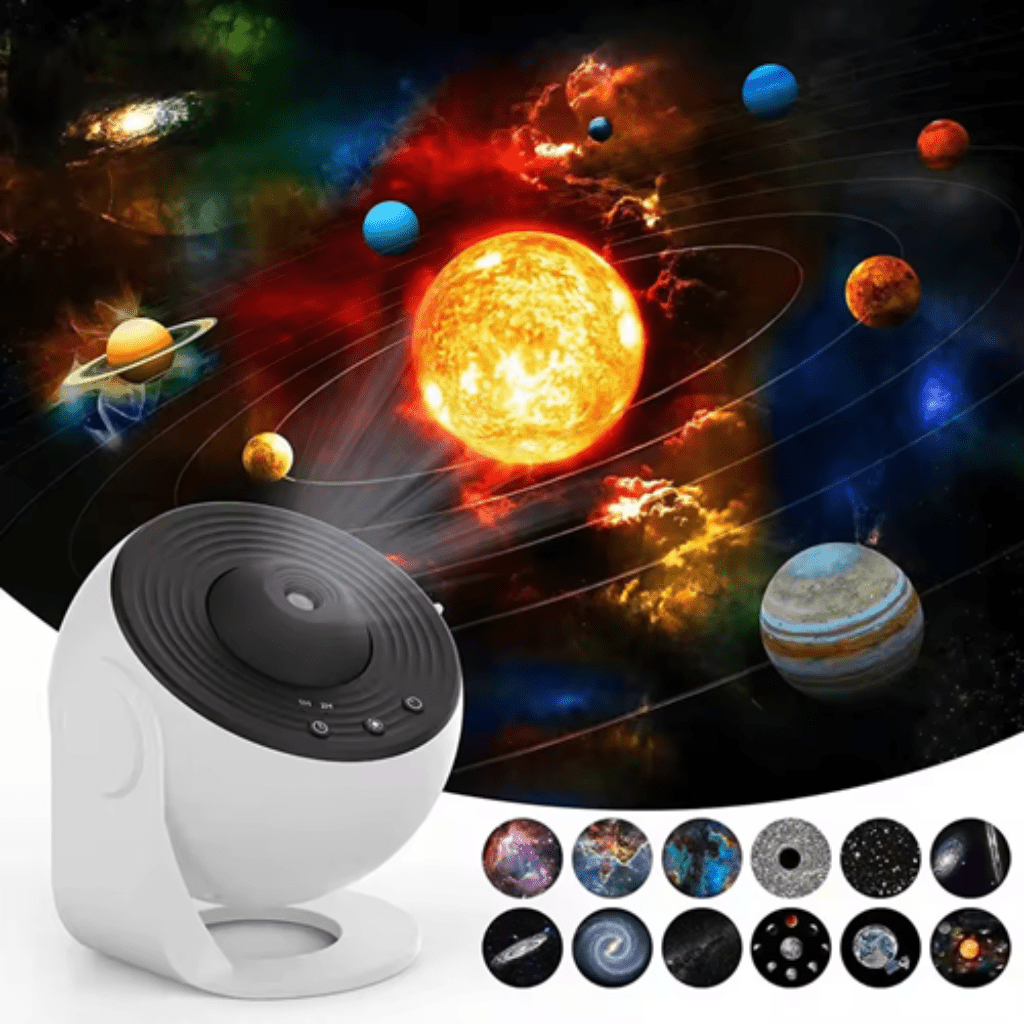 Stijlvolle witte sterrenhemelprojector, een elegant gadget dat HD galaxieën en sterren projecteert voor ontspanning.