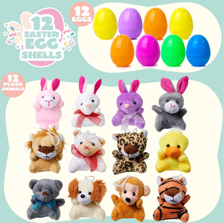 Kleurrijke pluche paaseieren met mini-dieren speels gerangschikt, een vrolijk feestartikel voor kinderpasen.