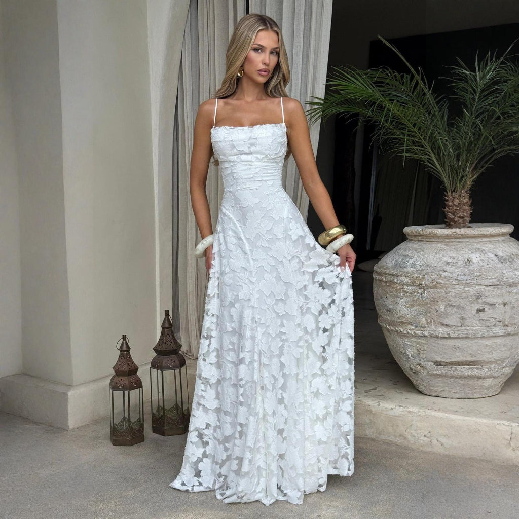Elegante dames chiffon zomerjurk CJ26 met bandjes, open rug. Perfect voor feestjes, vakantie en casual gelegenheden.