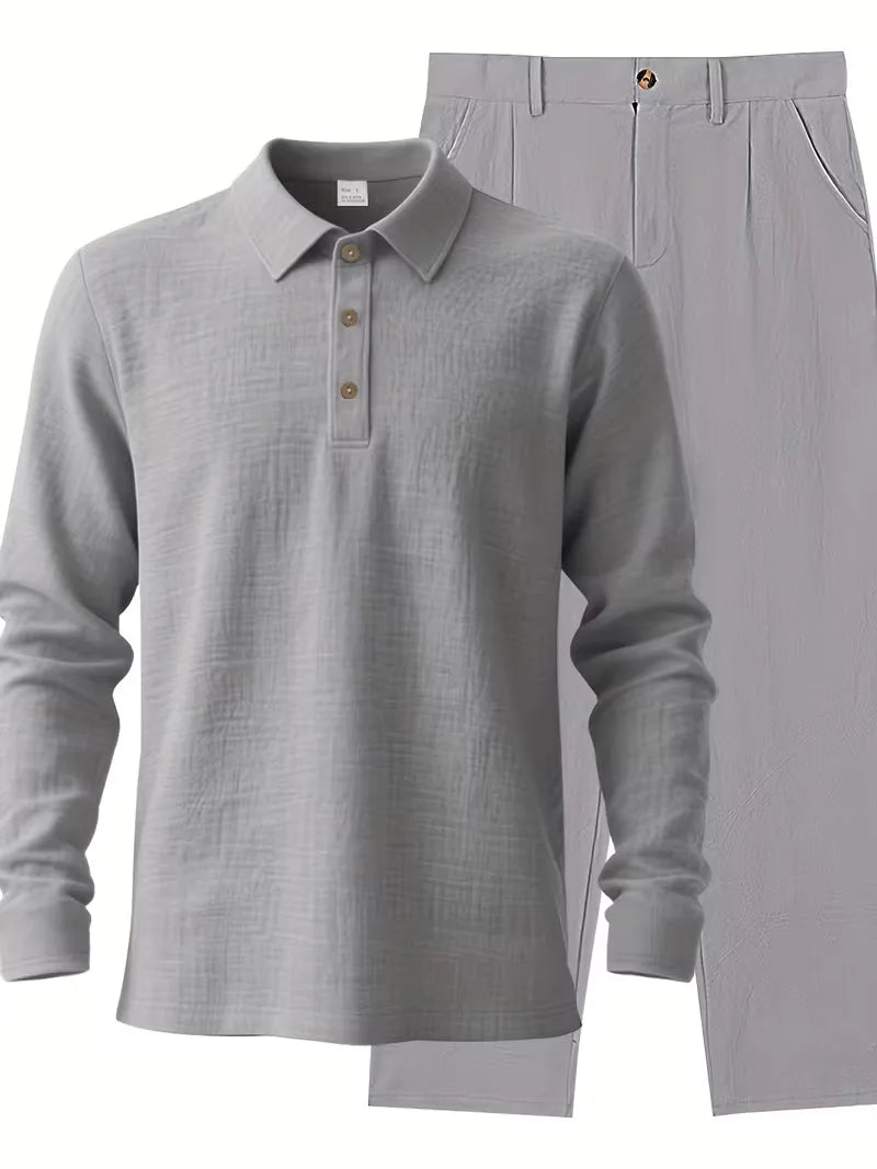 Lichtgewicht heren pak met mandarijnkraag overhemd en linnen broek voor de zomer.