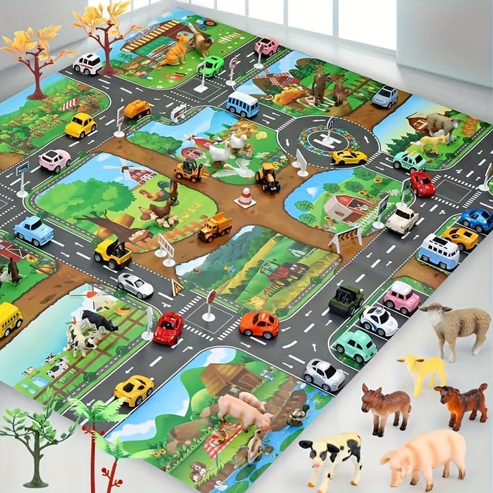 Dubbelzijdig kinder speelkleed met levendige boerderij- en verkeersthema's voor urenlang educatief speelplezier.