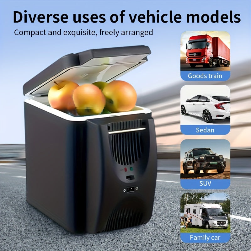 Zwarte mini koelbox, 6L en 12V, de perfecte draagbare koelkast voor reizen, outdoor avonturen en picknicks.