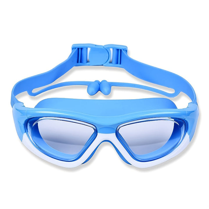 Kinder zwembril met groot frame, helder zicht en comfort voor waterplezier en zwemlessen.