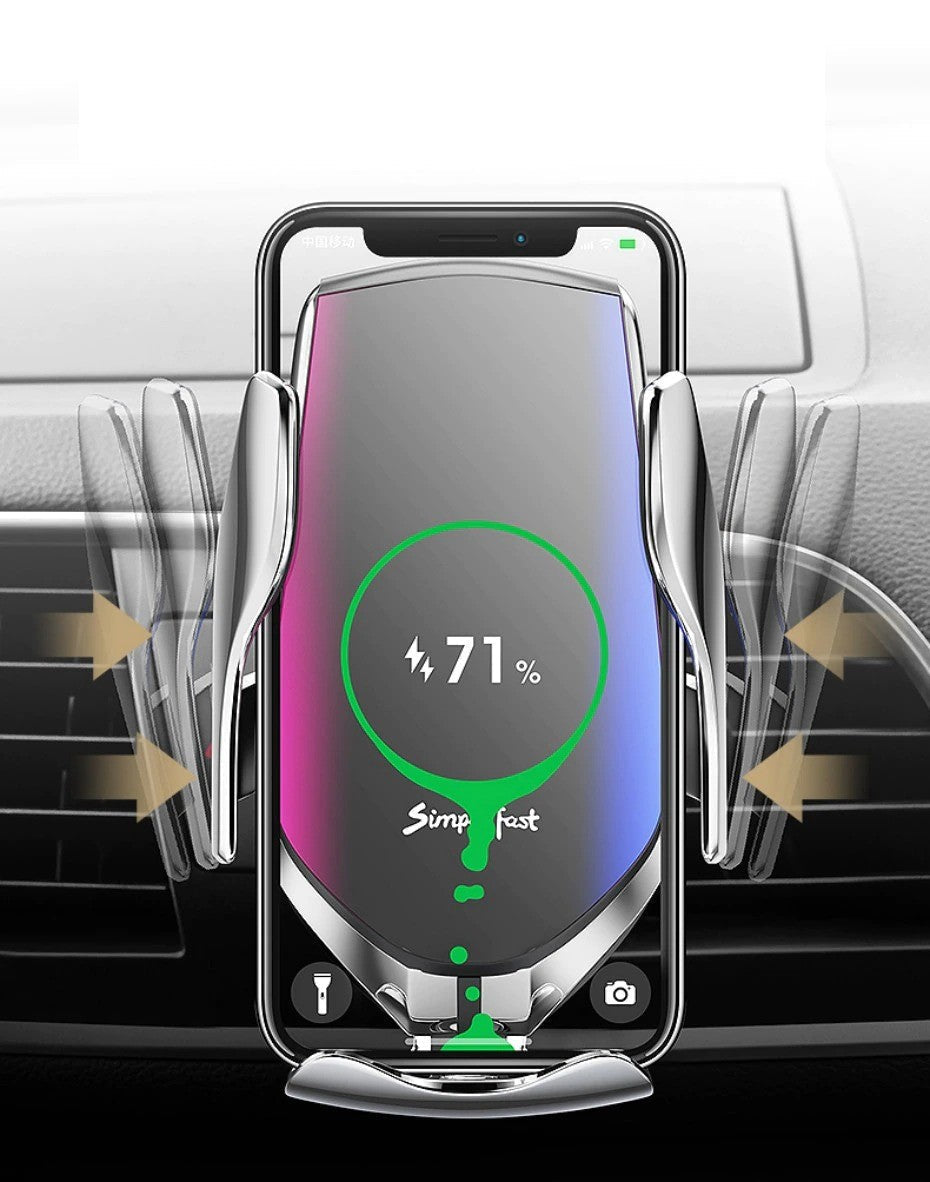Handige auto gadget: universele telefoonhouder met ingebouwde draadloze Qi lader.