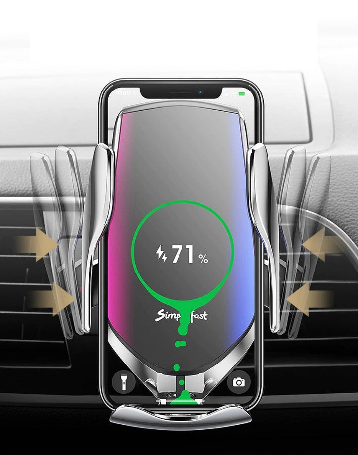 Handige auto gadget: universele telefoonhouder met ingebouwde draadloze Qi lader.