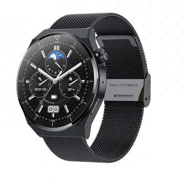 Waterdichte unisex smartwatch met mesh band, robuust horloge voor outdoor avonturen en bellen.