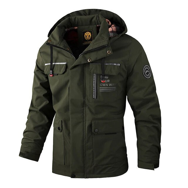 Zijkant van de heren winterjas, comfortabel, warm en winddicht bovenkleding.