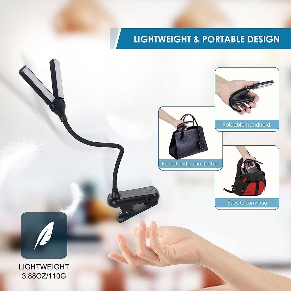 Modern USB oplaadbaar LED leeslampje met touch control en clip-on design. Perfect voor boekenliefhebbers, makkelijk op te laden.
