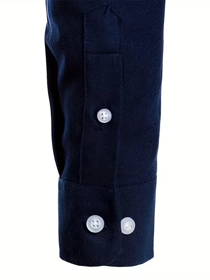 Hoogwaardig herenoverhemd, mandarin kraag, lange mouwen, smart casual, lente/herfst mode.