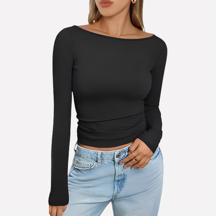 Dames top met stijlvolle boothals en lange mouwen; casual chic, een essentieel kledingstuk.