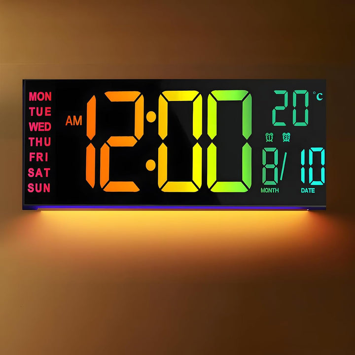 Digitale RGB wand- & bureauklok (40,6 cm) met afstandsbediening en groot display voor moderne ruimtes.