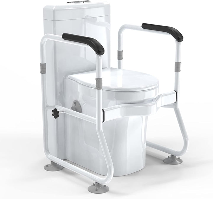 Verstelbaar toilet veiligheidsframe met handgrepen voor senioren en mensen met beperkte mobiliteit. Biedt zit- en staondersteuning.