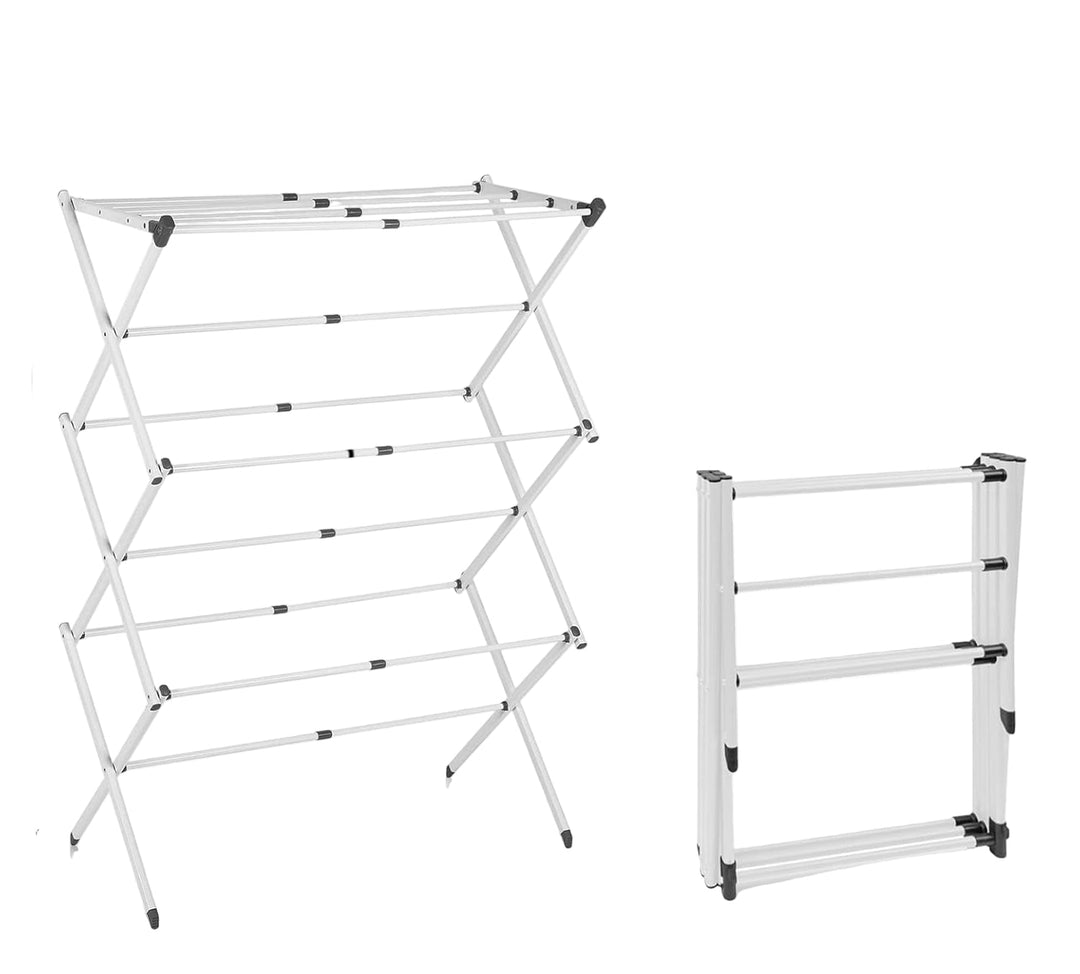Opvouwbaar droogrek met 3 niveaus voor veel was, geschikt voor binnen- en buitengebruik.
