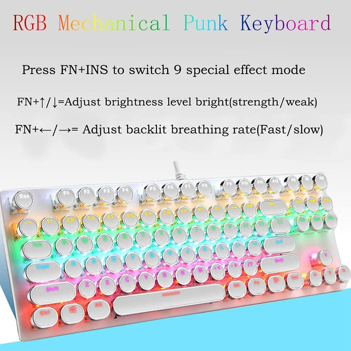 Compact 87-toetsen mechanisch RGB toetsenbord met blauwe schakelaars voor gamers.