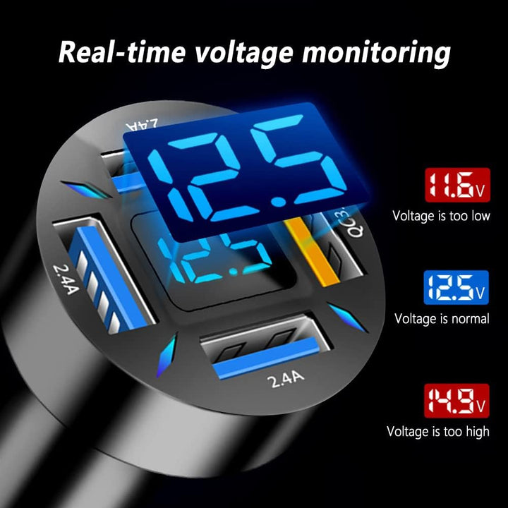 Krachtige 66W telefoonlader voor auto, met Power Delivery, Quick Charge 3.0 en voltmeter.