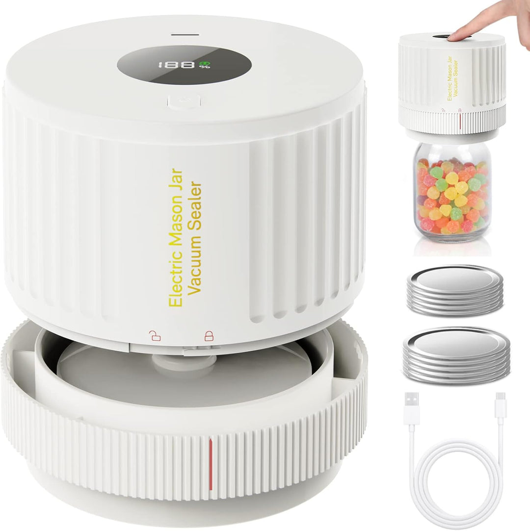 Elektrische vacuümsealer in actie, verzegelt een Mason jar met droge goederen voor optimale versheid.