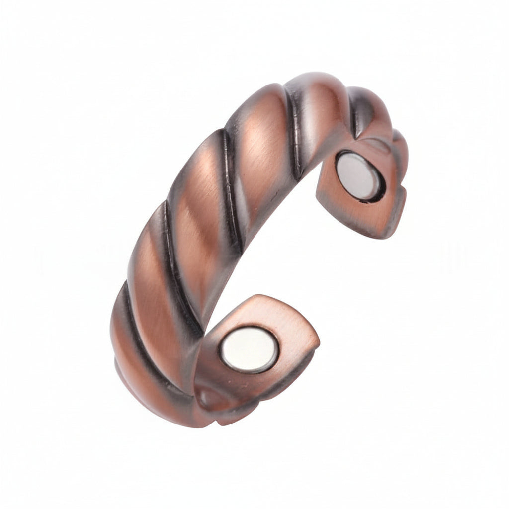 Open unisex vintage koperen ring, driekleurig antiekbrons design. Magnetische, verstelbare modieuze accessoire.
