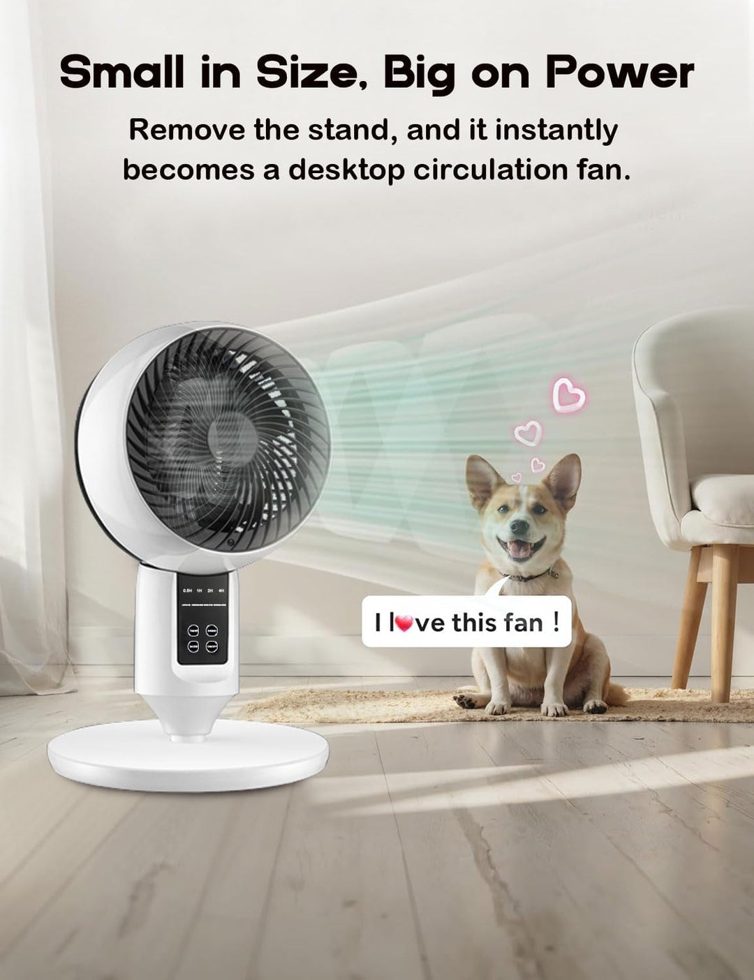 Compacte Aerion verstelbare staande ventilator met 3D-oscillatie, ideaal voor efficiënte luchtcirculatie en verkoeling.