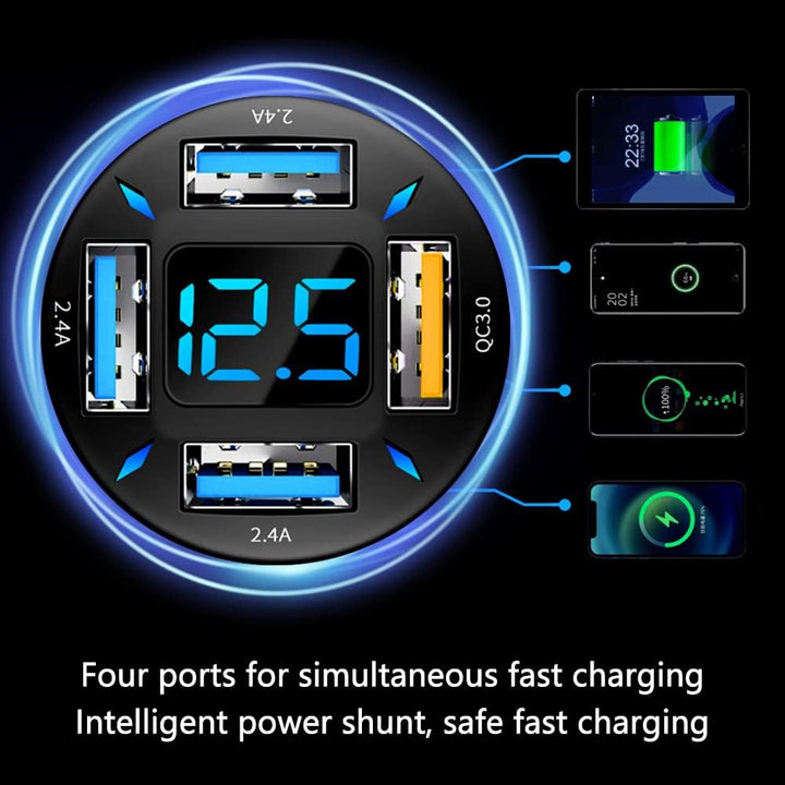 Zwarte USB lader 66W met voltmeter, Power Delivery & Quick Charge 3.0 voor snelladen onderweg.