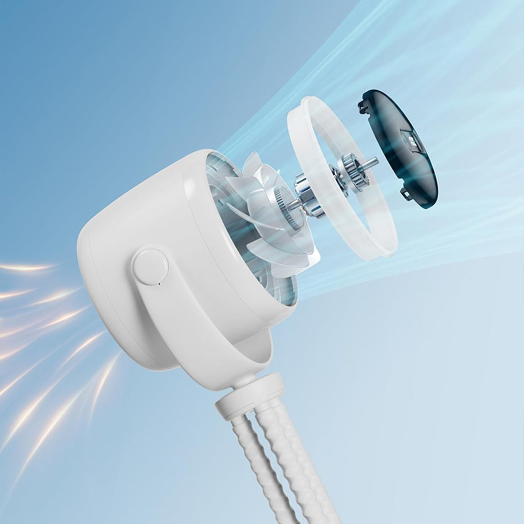 Oplaadbare clip ventilator met nachtlampje, usb, voor kinderwagen en comfort van baby tijdens zomerse dagen.