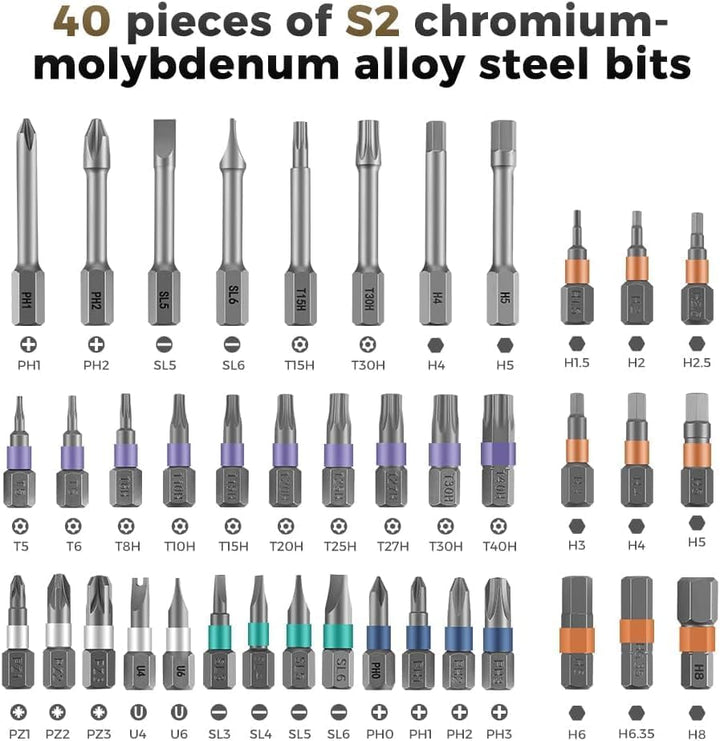 Close-up van diverse precisiebits (Torx, Phillips) uit de multifunctionele 42-in-1 set.