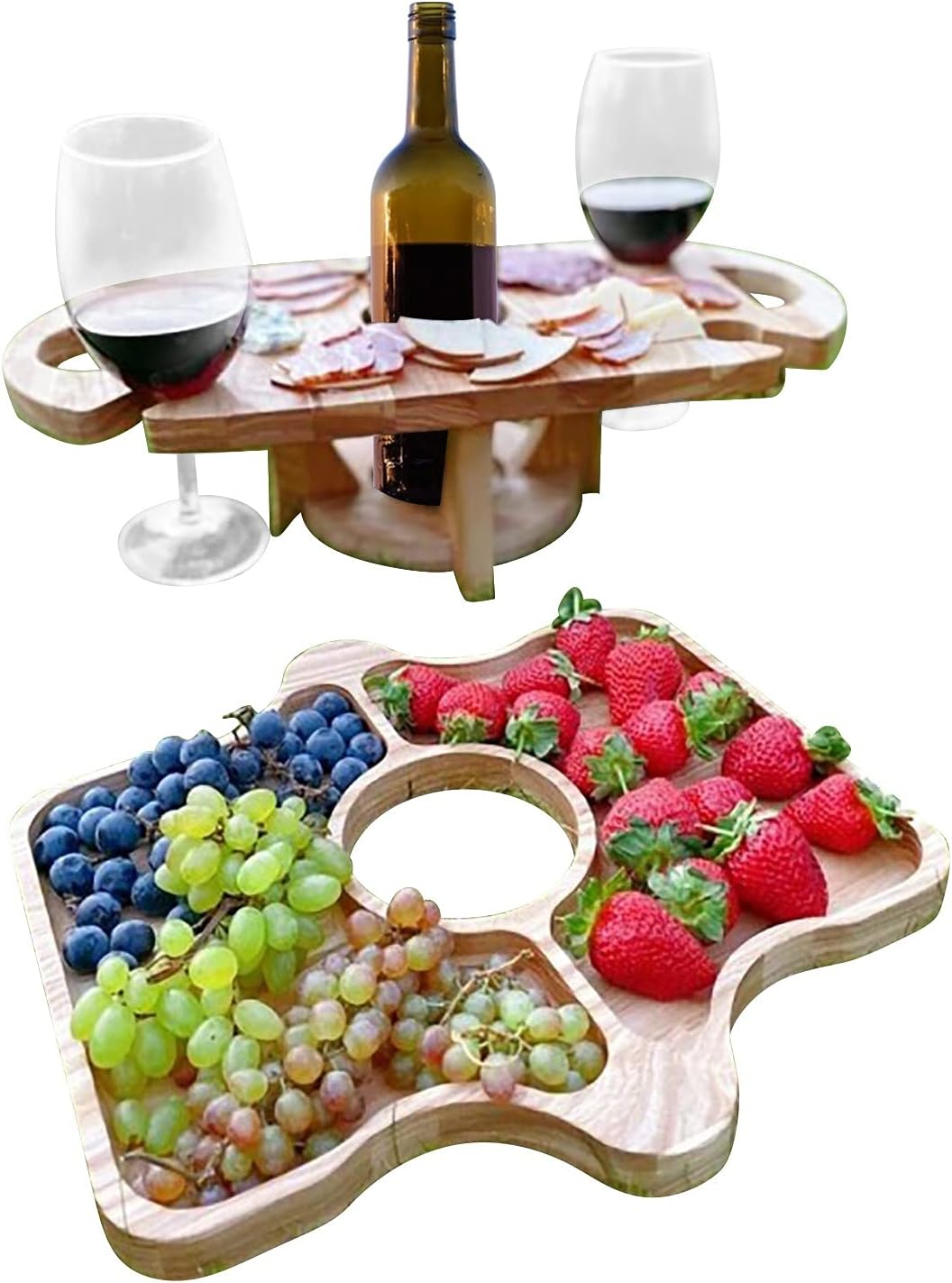 Houten camping wijntafel met ruimte voor fruit, opvouwbaar en compact voor buitenplezier.