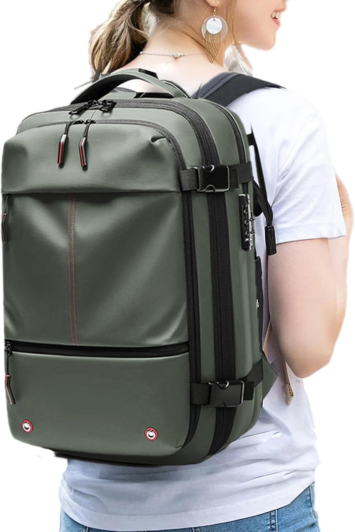 Grijze unisex vacuüm reisrugzak 60L, waterdicht, uitbreidbaar, met veilig laptopvak voor reizigers.